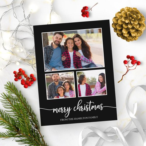 3 Photos Collage Cute Script Merry Christmas Black Postcard