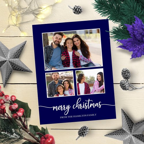 3 Photos Collage Cute Script Merry Christmas Blue Postcard