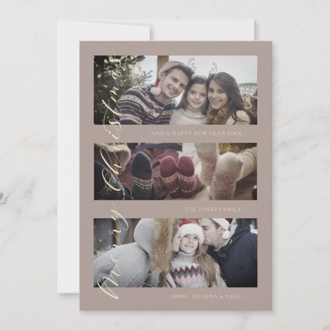 3 Photos Collage Golden Effect Christmas Photo Holiday Card (Front)