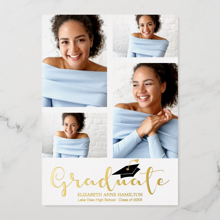 3 Photos Collage Grad Announcement Foil Invitation | Zazzle