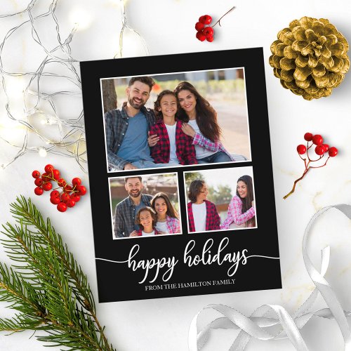 3 Photos Collage Happy Holidays Modern Black Postcard