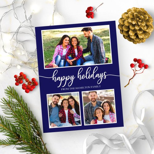 3 Photos Collage Happy Holidays Modern Navy Blue Postcard