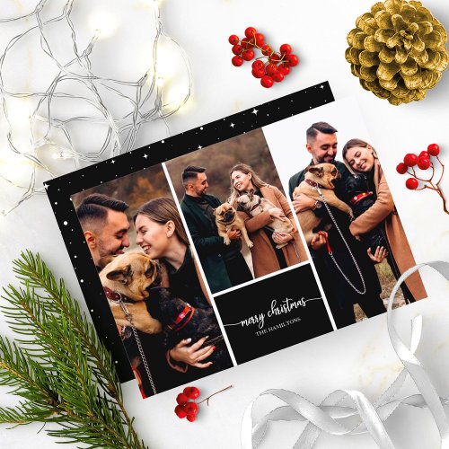 3 Photos Collage Stylish Merry Christmas Black Invitation