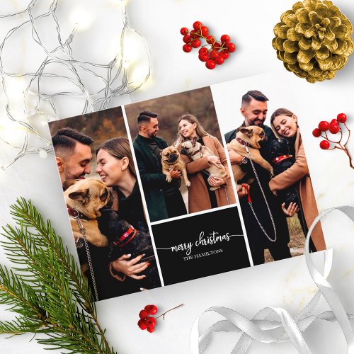 3 Photos Collage Stylish Merry Christmas Black Postcard