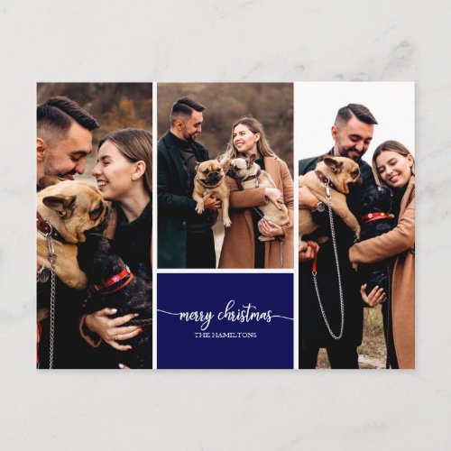 3 Photos Collage Stylish Merry Christmas Blue Postcard