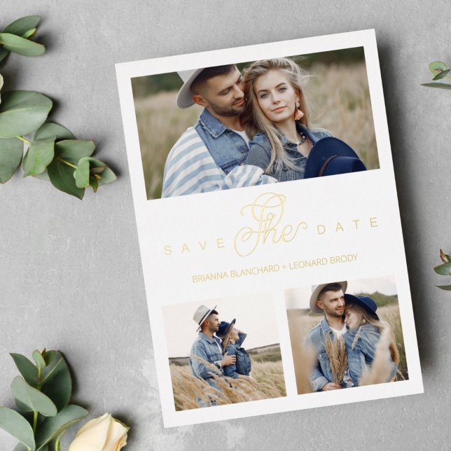 3 Photos Couple in Love Simple Elegant Script Foil Invitation (Creator Uploaded)