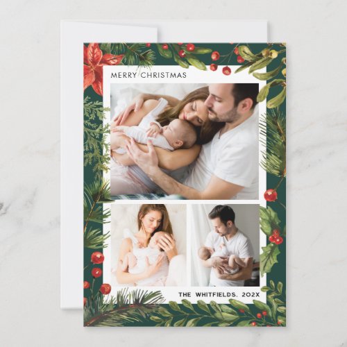 3 Photos Family Christmas Holidays Botanical Holiday Card