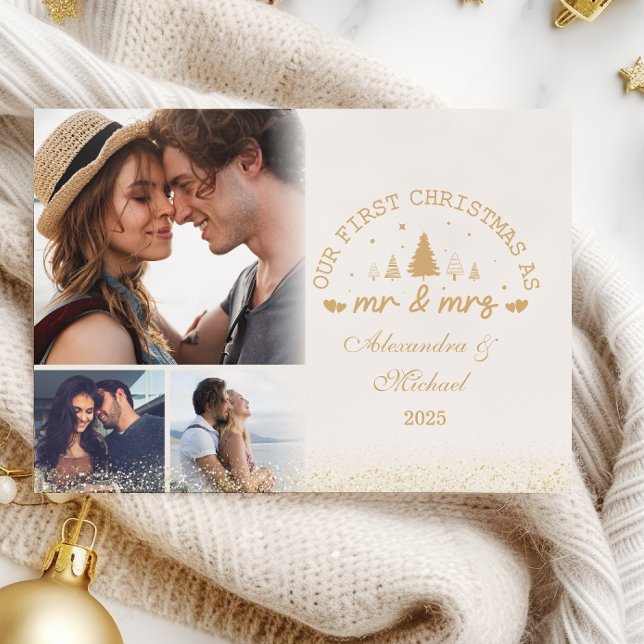 3 Photos First Christmas as Mr and Mrs gold Holiday Card (Creator Uploaded)