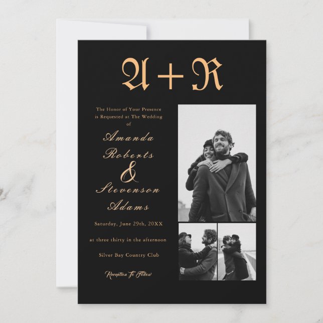 3 Photos Golden Typography Monogram Wedding Invitation (Front)