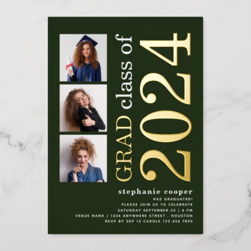 3 Photos Graduation 2024 Green Gold Real Foil Invitation