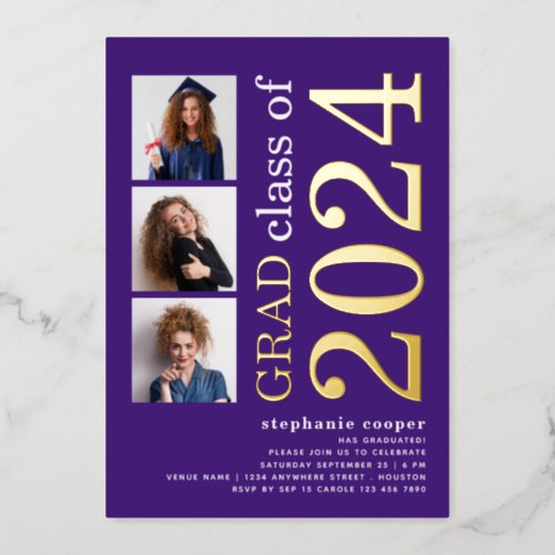 3 Photos Graduation 2024 Purple Gold Real  Foil Invitation