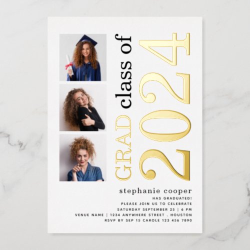 3 Photos Graduation 2024 White Gold Real  Foil Invitation