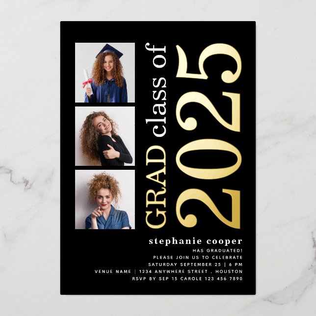 3 Photos Graduation 2025 Black Gold Real Foil Invitation (Front)