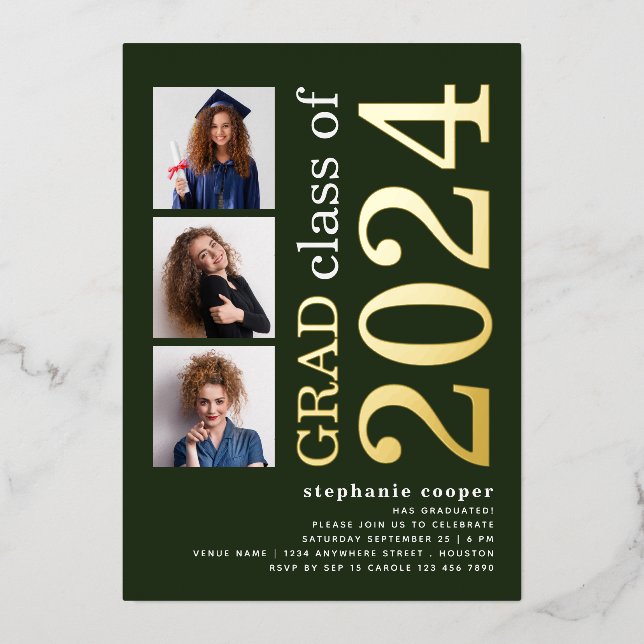 3 Photos Graduation 2025 Green Gold Real Foil Invitation (Front)