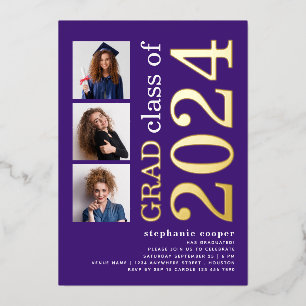 3 Photos Graduation 2025 Purple Gold Real Foil Invitation