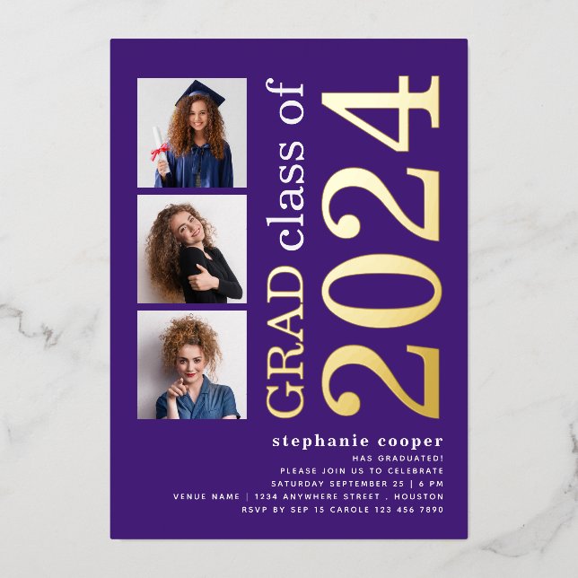 3 Photos Graduation 2025 Purple Gold Real  Foil Invitation (Front)