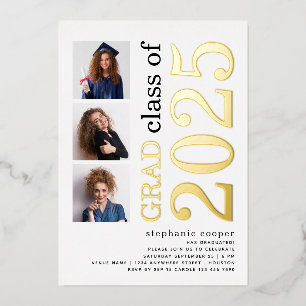 3 Photos Graduation 2025 White Gold Real  Foil Invitation