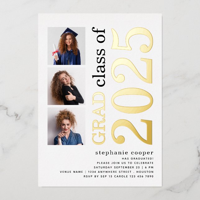 3 Photos Graduation 2025 White Gold Real  Foil Invitation (Front)