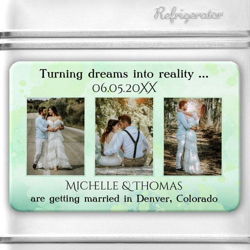 3 Photos Green Watercolor Save the Date Magnet