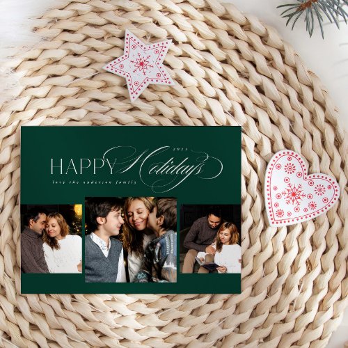 3 photos Happy Holidays Script Christmas Card