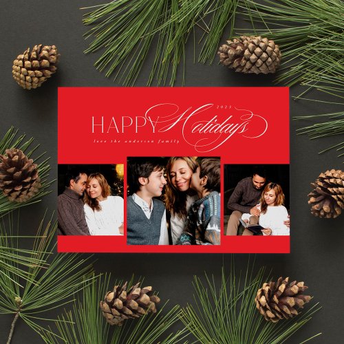 3 photos Happy Holidays Script Red Christmas Card