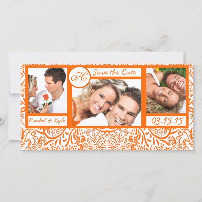 3 Photos Love Birds Orange Damask Save the Date (Front)