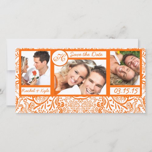 3 Photos Love Birds Orange Damask Save the Date