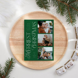 3 Photos Merriest Christmas Green Holiday Card