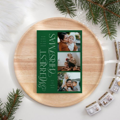 3 Photos Merriest Christmas Green Holiday Card
