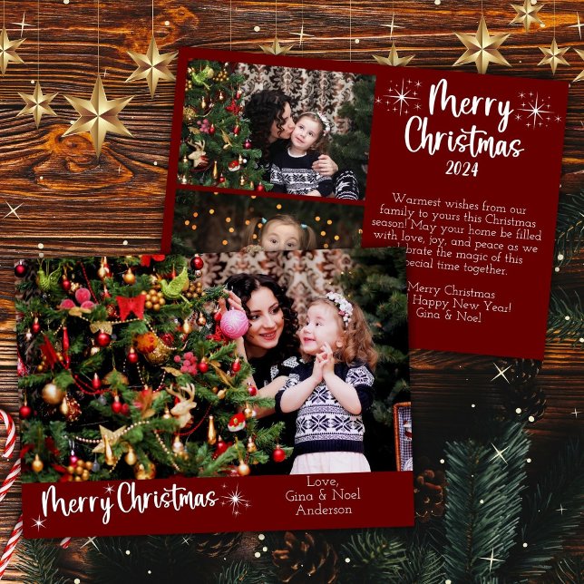 3 Photos Merry Christmas Modern Script Red Holiday Card (Creator Uploaded)