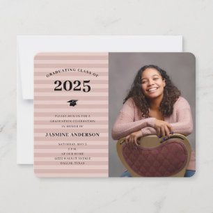 3 Photos Modern Rose Gold Stripes Graduation Party Invitation