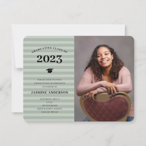 3 Photos Modern Sage Stripes Graduation Party Invitation