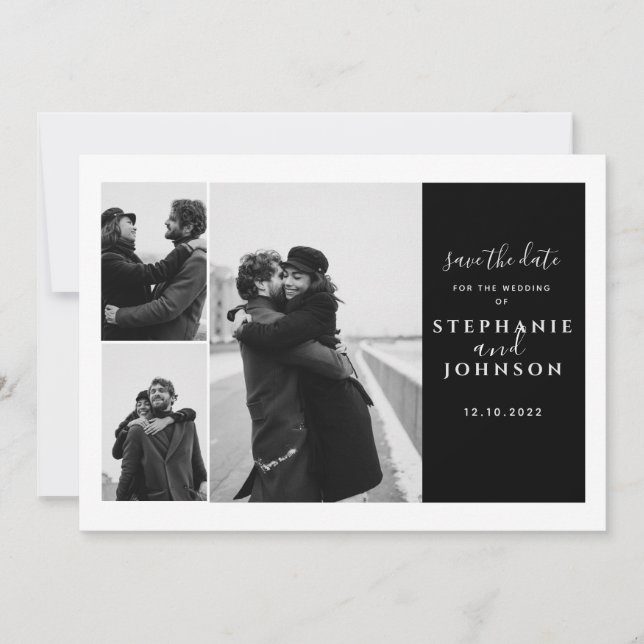 3 Photos Modern Typography Black White Wedding Save The Date (Front)