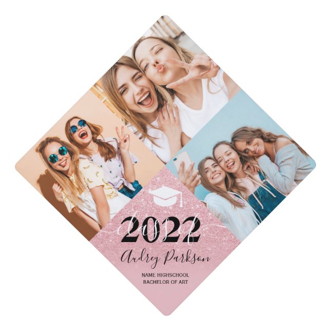 3 photos pink glitter graduate script graduation cap topper (Front)