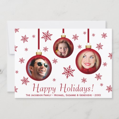 3 Photos Red Bauble Ornaments  Snowflakes Holiday Card