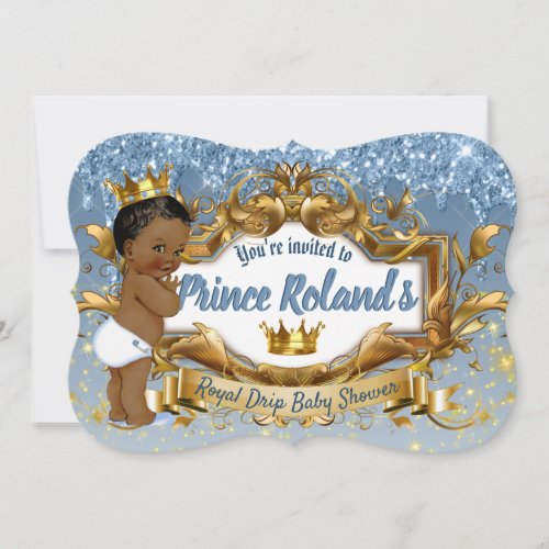 3 Photos Royal African Prince Blue Glitter Drip Invitation