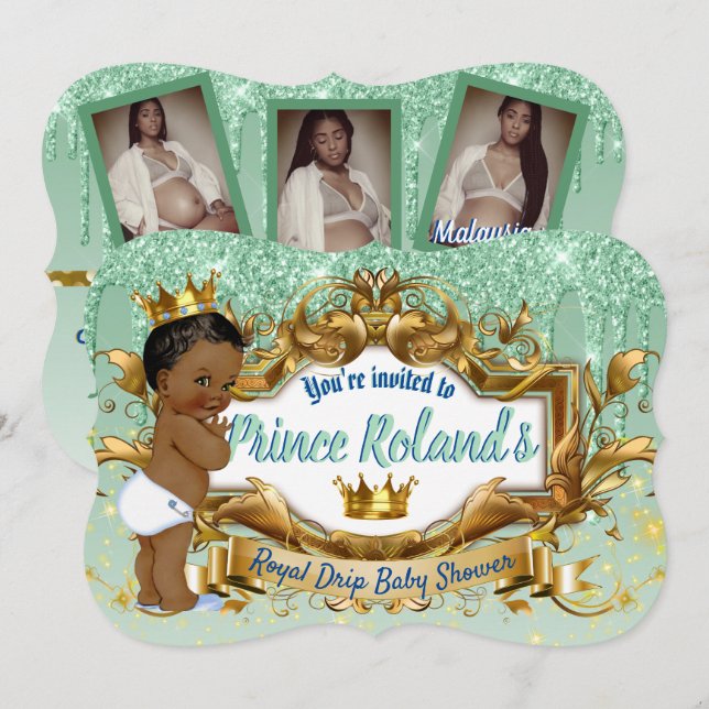 3 Photos| Royal African Prince| Green Glitter Drip Invitation (Front/Back)