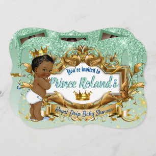 3 Photos  Royal African Prince  Green Glitter Drip Invitation