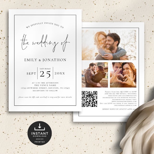 3 Photos Script Line Border QR Black White Wedding Invitation (Front and back view)