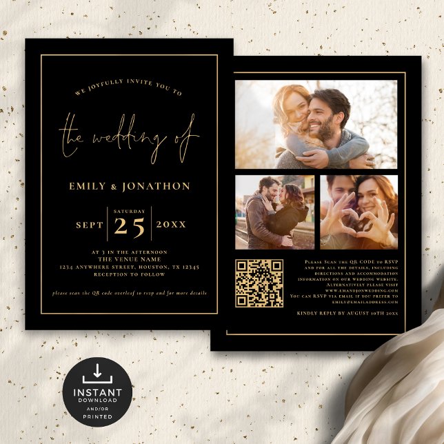 3 Photos Script Line QR Code Black Gold Wedding Invitation (Front and back view)