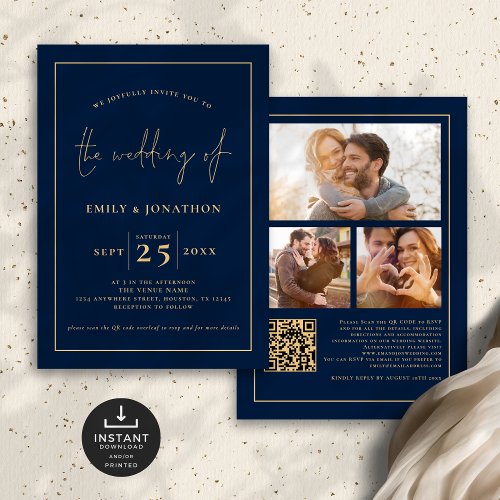 3 Photos Script Line QR Code Navy Gold Wedding Invitation
