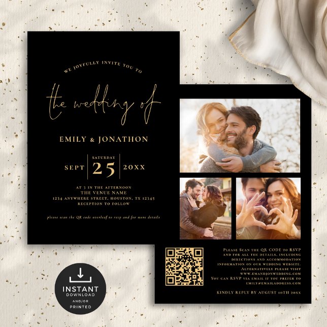 3 Photos Script QR Code Black Gold Wedding Invitation (Front and back view)