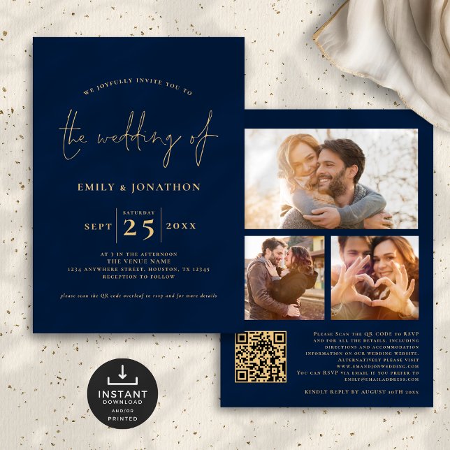 3 Photos Script QR Code Navy Blue Gold Wedding Invitation (Front and back view)