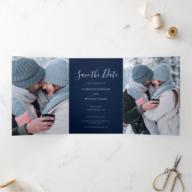 3 Photos Script Wedding Save the Date Tri-Fold Announcement (Inside)