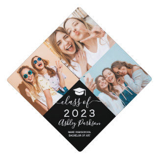 3 photos simple black and white graduate script graduation cap topper