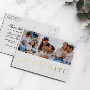 3 Photos White & Gold Foil Save the Date Invitation Postcard