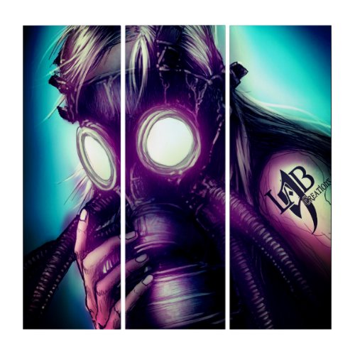 3 piece wall art with a gas mask girl