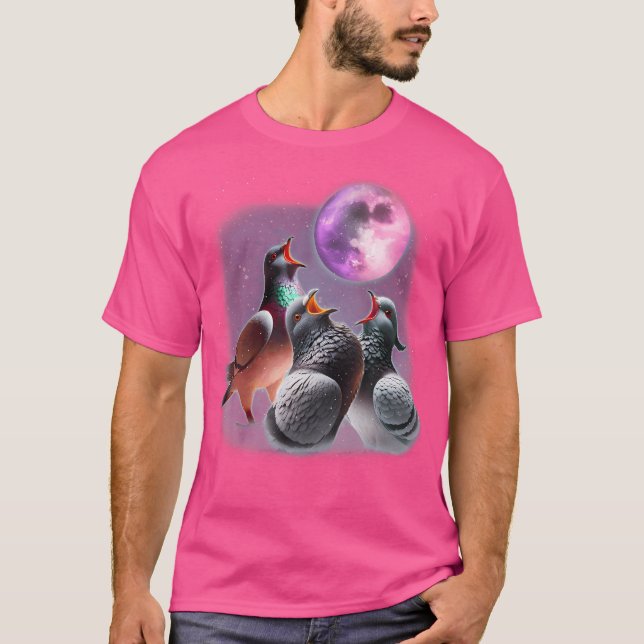 3 Pigeons Howling At The Moon Funny Pigeon Bird Lo T-Shirt (Front)