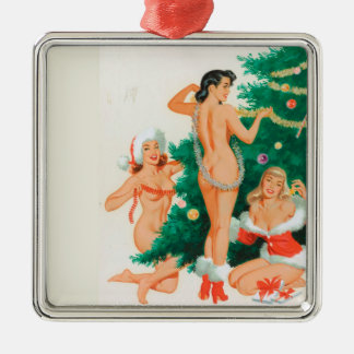 3 Pin Up Girls Trim a Christmas Tree Metal Ornament