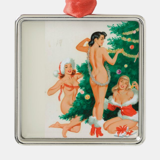 3 Pin Up Girls Trim a Christmas Tree Metal Ornament (Front)